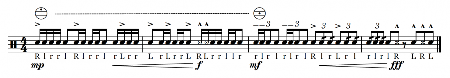 Marching snare score excerpt showing pictogram notation